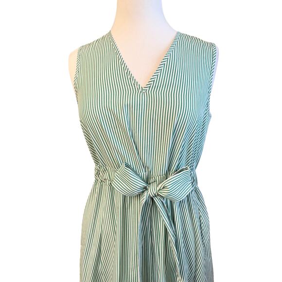 Pearl by Lela Rose Stretch Cotton Cottage Dress Green White Stripe Classy Preppy - Picture 6 of 9